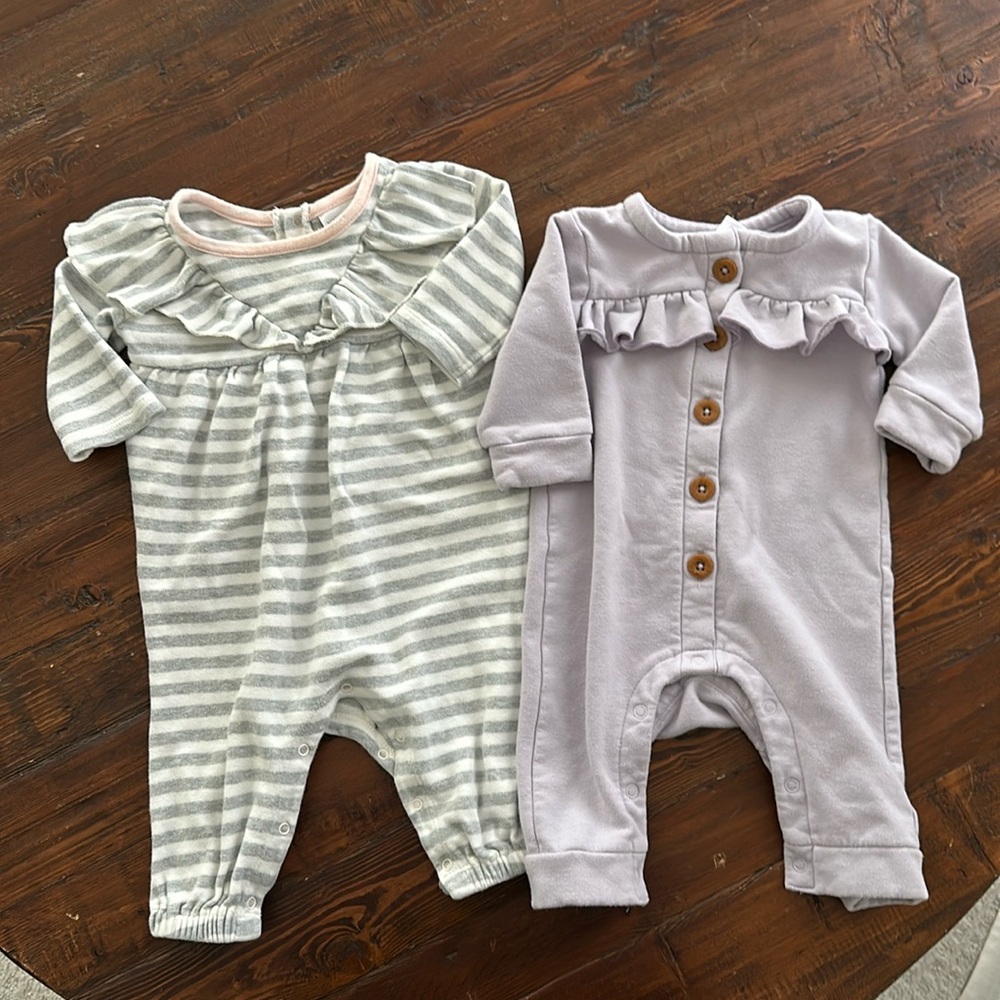 Baby girls outfits - pink and grey striped and lilac onesie